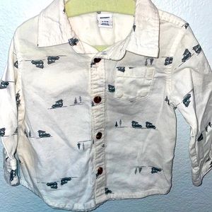 Gently Used 6-12 Months Old Navy White Print Cotton Long Sleeve Button Down